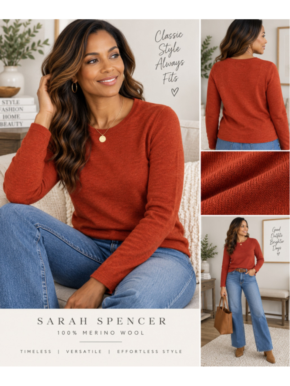 Sarah Spencer 100% Merino Wool Sweater Large Rust Orange Crewneck Lightweight